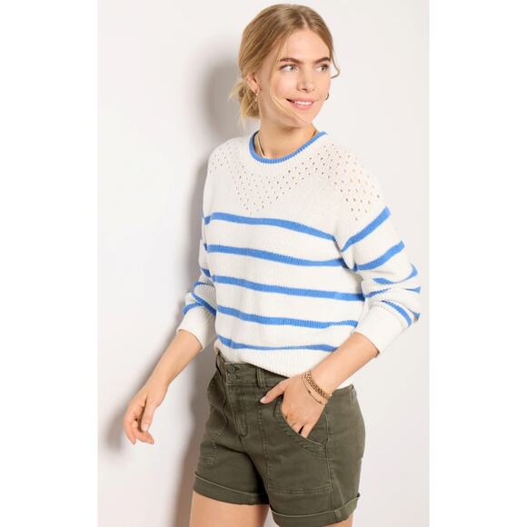 Evereve Sweaters - Evereve Mara Pullover Sweater Women Large White Blue Stripe Knit Crewneck Cotton